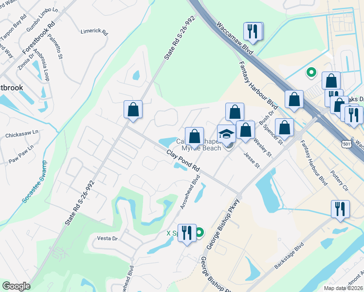 map of restaurants, bars, coffee shops, grocery stores, and more near 3693 Clay Pond Village Lane in Myrtle Beach