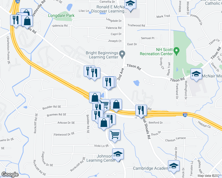 map of restaurants, bars, coffee shops, grocery stores, and more near 2418 Gresham Road Southeast in Atlanta