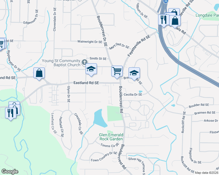 map of restaurants, bars, coffee shops, grocery stores, and more near 1645 Eastland Road Southeast in Atlanta