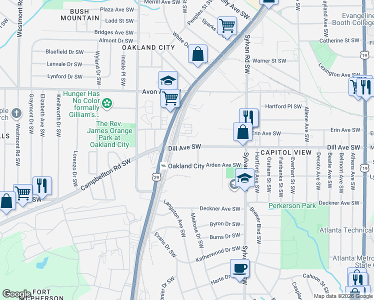 map of restaurants, bars, coffee shops, grocery stores, and more near 1058 Dill Avenue Southwest in Atlanta