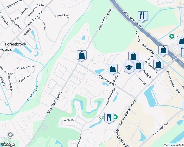 map of restaurants, bars, coffee shops, grocery stores, and more near 3703 Clay Pond Road in Myrtle Beach