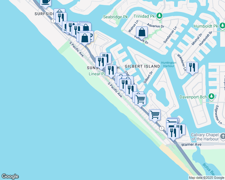 map of restaurants, bars, coffee shops, grocery stores, and more near 16751 Pacific Coast Highway in Huntington Beach