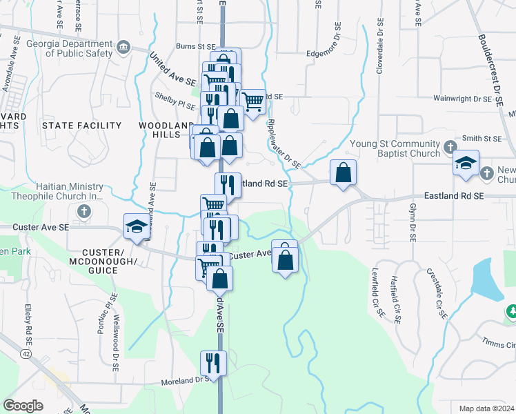 map of restaurants, bars, coffee shops, grocery stores, and more near 1251 Lynwyn Lane Southeast in Atlanta