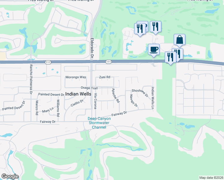 map of restaurants, bars, coffee shops, grocery stores, and more near 45500 Apache Road in Indian Wells