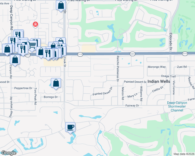 map of restaurants, bars, coffee shops, grocery stores, and more near 75330 Palm Shadow Drive in Indian Wells