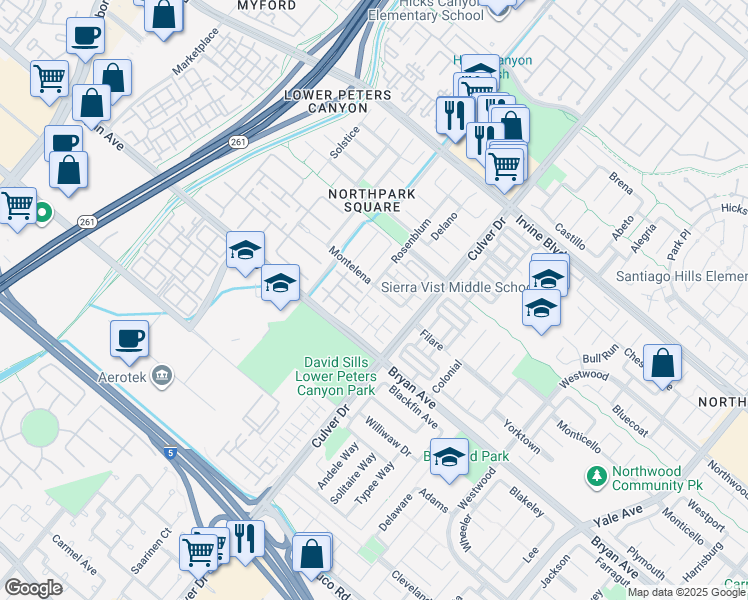 map of restaurants, bars, coffee shops, grocery stores, and more near 82 Rosenblum in Irvine