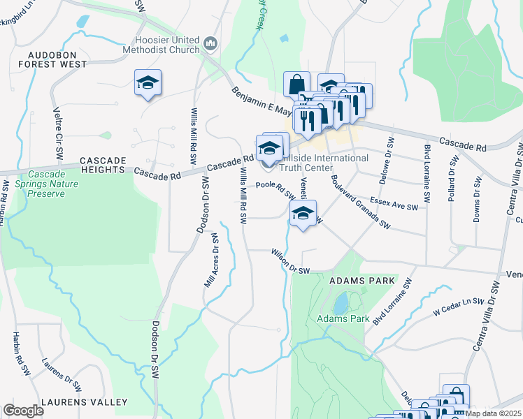 map of restaurants, bars, coffee shops, grocery stores, and more near 2454 Poole Road Southwest in Atlanta