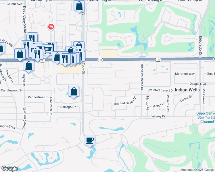 map of restaurants, bars, coffee shops, grocery stores, and more near 75201 Citadel Place in Indian Wells