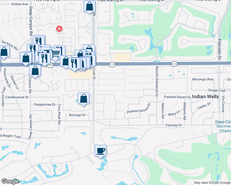 map of restaurants, bars, coffee shops, grocery stores, and more near 75169 Citadel Place in Indian Wells