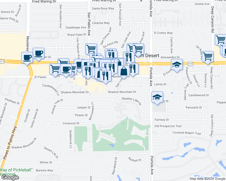 map of restaurants, bars, coffee shops, grocery stores, and more near 45475 San Luis Rey Avenue in Palm Desert