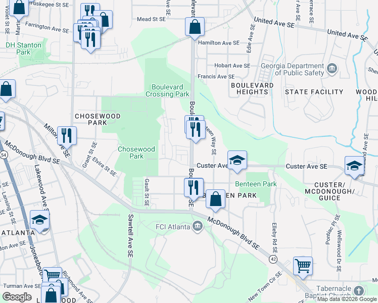 map of restaurants, bars, coffee shops, grocery stores, and more near 570 Burroughs Street Southeast in Atlanta