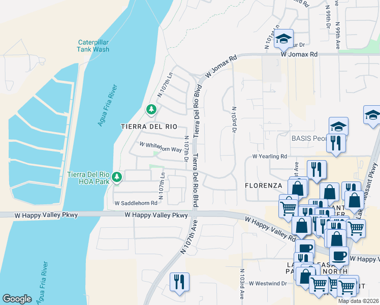 map of restaurants, bars, coffee shops, grocery stores, and more near 25923 North 107th Drive in Peoria