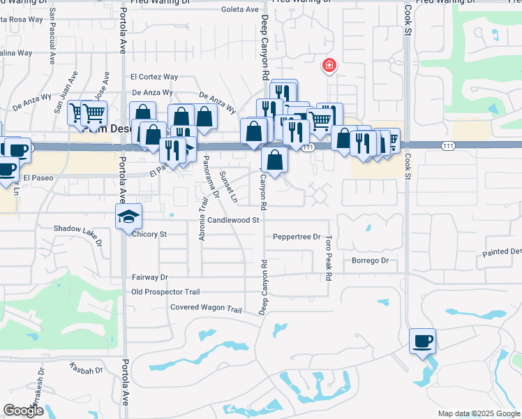 map of restaurants, bars, coffee shops, grocery stores, and more near 45451 Deep Canyon Road in Palm Desert