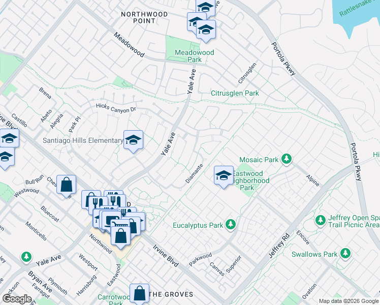 map of restaurants, bars, coffee shops, grocery stores, and more near 13 Entrada West in Irvine