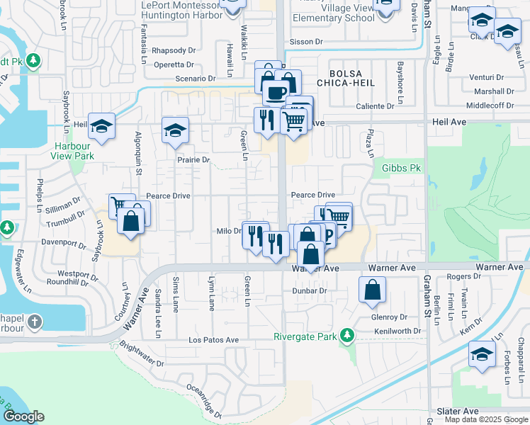 map of restaurants, bars, coffee shops, grocery stores, and more near 4948 Marlin Drive in Huntington Beach