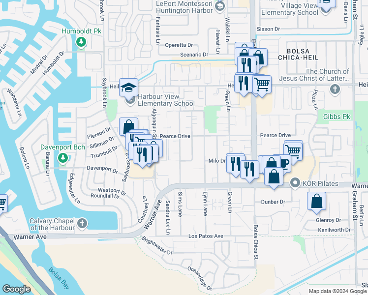 map of restaurants, bars, coffee shops, grocery stores, and more near 16761 Blanton Lane in Huntington Beach