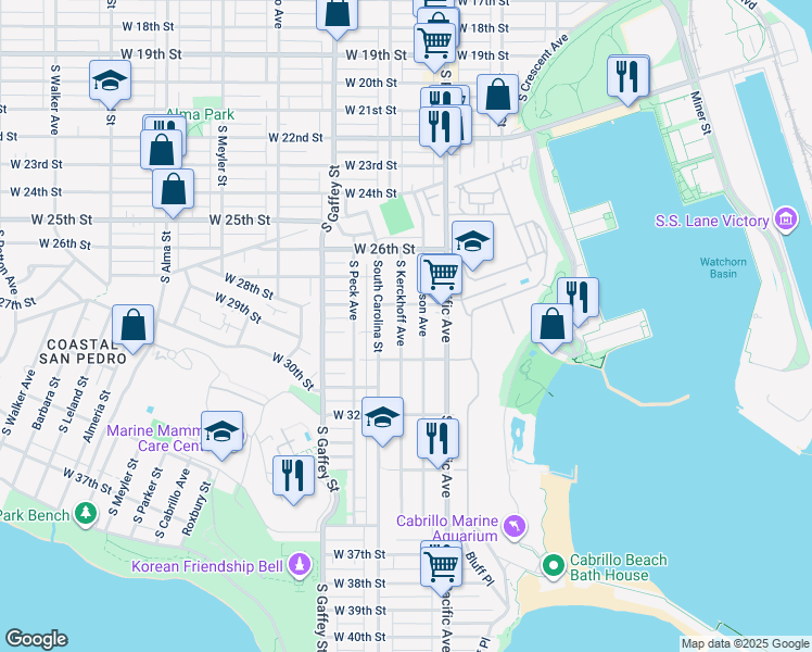 map of restaurants, bars, coffee shops, grocery stores, and more near 2815 South Kerckhoff Avenue in Los Angeles