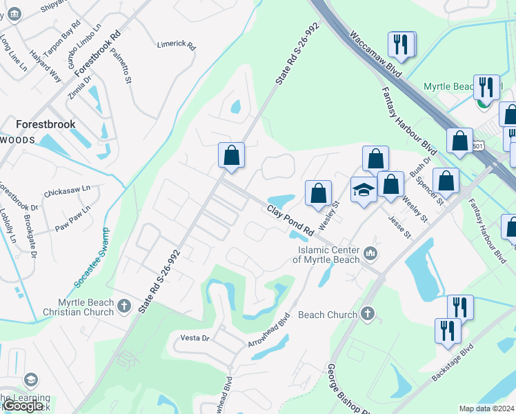 map of restaurants, bars, coffee shops, grocery stores, and more near 101 Fountain Pointe Lane in Myrtle Beach