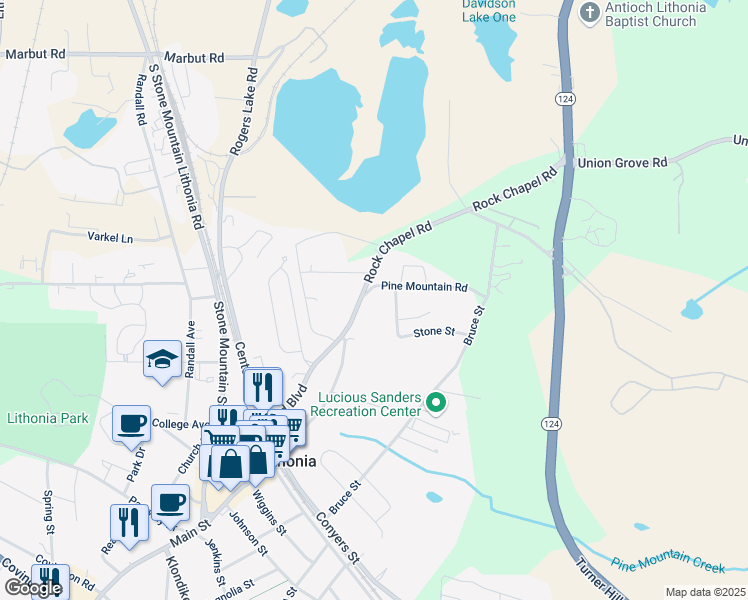 map of restaurants, bars, coffee shops, grocery stores, and more near 7027 Pine Mountain Road in Lithonia