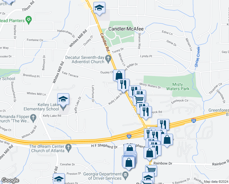 map of restaurants, bars, coffee shops, grocery stores, and more near 2425 Candler Road in Decatur