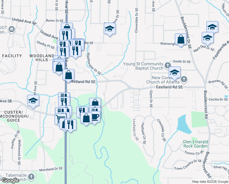 map of restaurants, bars, coffee shops, grocery stores, and more near 1398 Custer Avenue Southeast in Atlanta