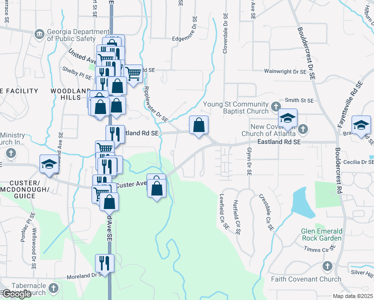 map of restaurants, bars, coffee shops, grocery stores, and more near 1256 Jandras Lane Southeast in Atlanta