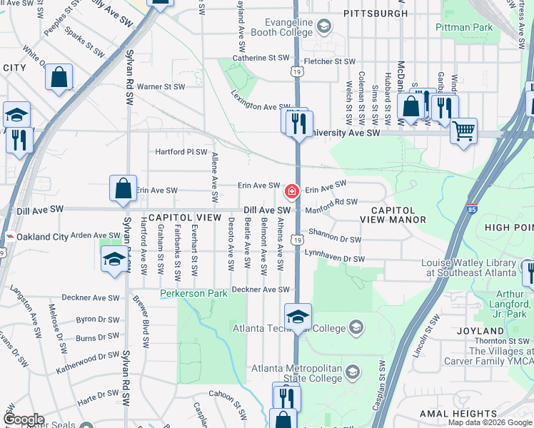 map of restaurants, bars, coffee shops, grocery stores, and more near 661 Dill Avenue Southwest in Atlanta