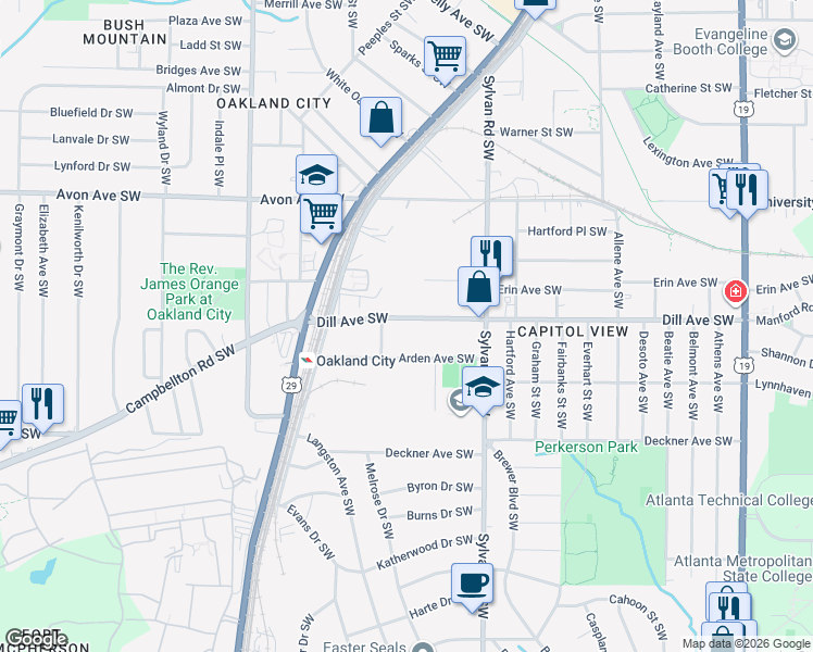 map of restaurants, bars, coffee shops, grocery stores, and more near 1019 Dill Avenue Southwest in Atlanta