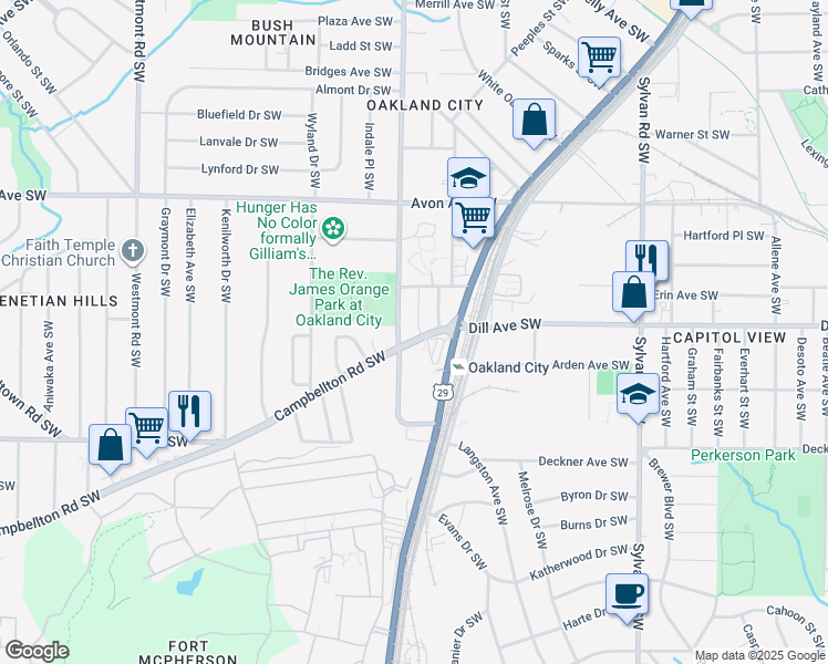 map of restaurants, bars, coffee shops, grocery stores, and more near 1332 Oakland Drive Southwest in Atlanta