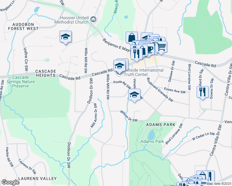 map of restaurants, bars, coffee shops, grocery stores, and more near 2454 Poole Road Southwest in Atlanta