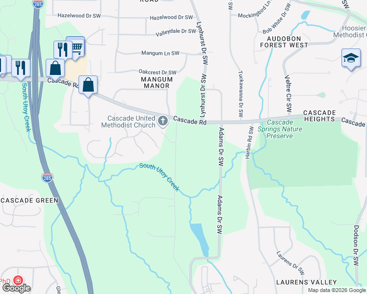map of restaurants, bars, coffee shops, grocery stores, and more near 1372 Childress Drive Southwest in Atlanta