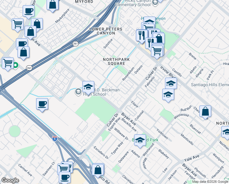 map of restaurants, bars, coffee shops, grocery stores, and more near 82 Rosenblum in Irvine