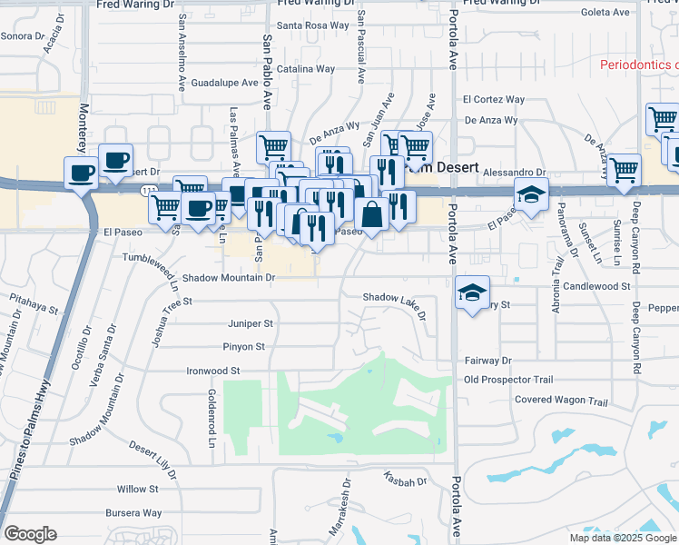 map of restaurants, bars, coffee shops, grocery stores, and more near 45475 San Luis Rey Avenue in Palm Desert