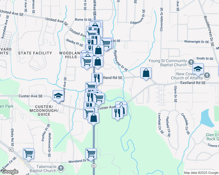 map of restaurants, bars, coffee shops, grocery stores, and more near 1251 Lynwyn Lane Southeast in Atlanta