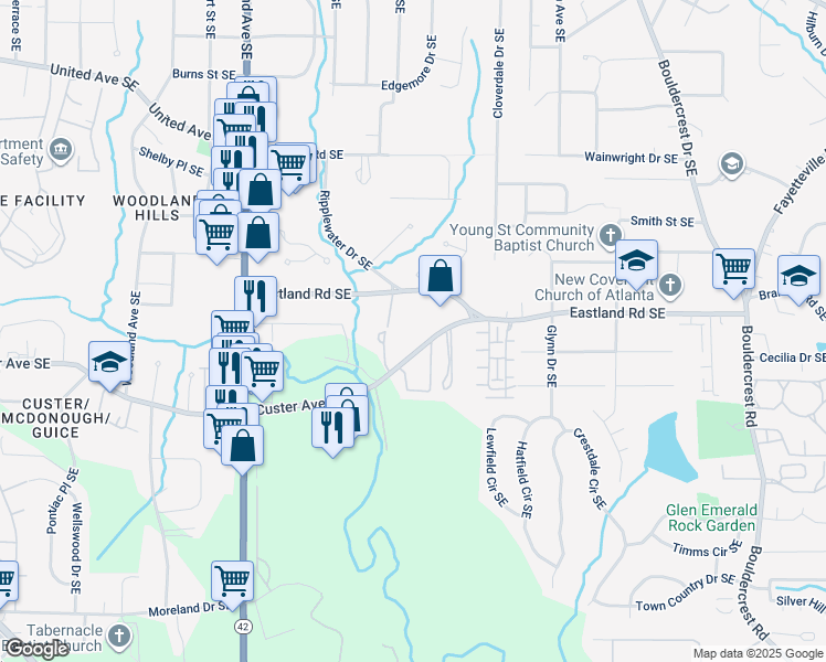 map of restaurants, bars, coffee shops, grocery stores, and more near 1376 Custer Avenue Southeast in Atlanta