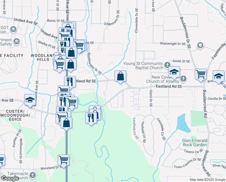 map of restaurants, bars, coffee shops, grocery stores, and more near 1256 Jandras Lane Southeast in Atlanta