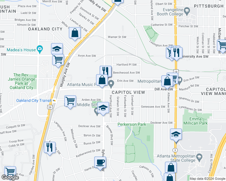 map of restaurants, bars, coffee shops, grocery stores, and more near 878 Dill Avenue Southwest in Atlanta