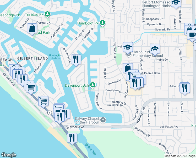 map of restaurants, bars, coffee shops, grocery stores, and more near 16781 Edgewater Lane in Huntington Beach