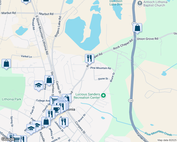map of restaurants, bars, coffee shops, grocery stores, and more near 7027 Pine Mountain Road in Lithonia