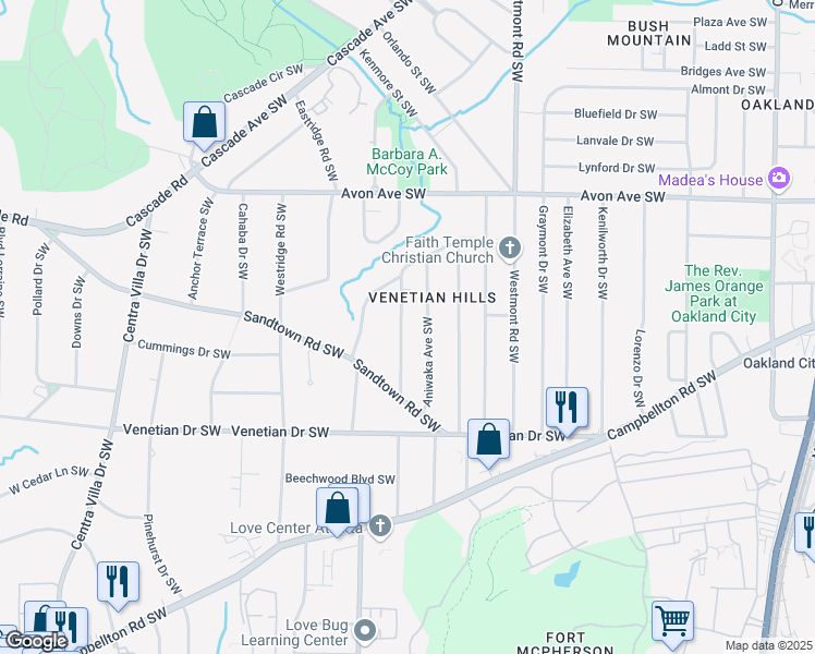 map of restaurants, bars, coffee shops, grocery stores, and more near 1368 Wichita Drive Southwest in Atlanta