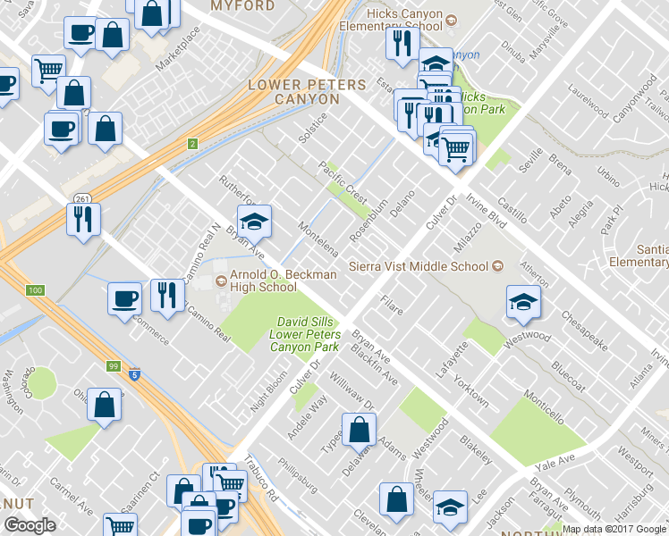 map of restaurants, bars, coffee shops, grocery stores, and more near 82 Rosenblum in Irvine