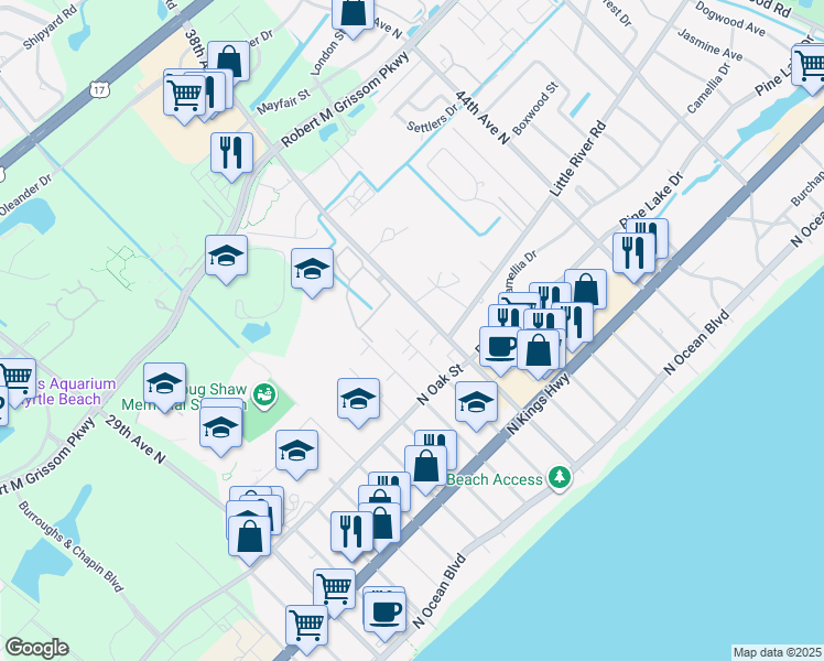 map of restaurants, bars, coffee shops, grocery stores, and more near 614 37th Avenue North in Myrtle Beach
