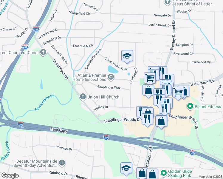 map of restaurants, bars, coffee shops, grocery stores, and more near 4075 Snapfinger Way in Decatur