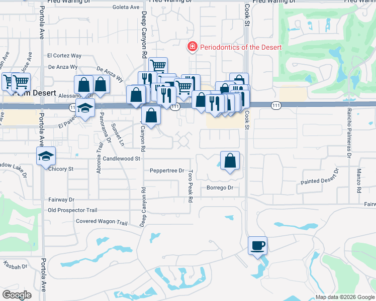 map of restaurants, bars, coffee shops, grocery stores, and more near 45382 Driftwood Drive in Palm Desert