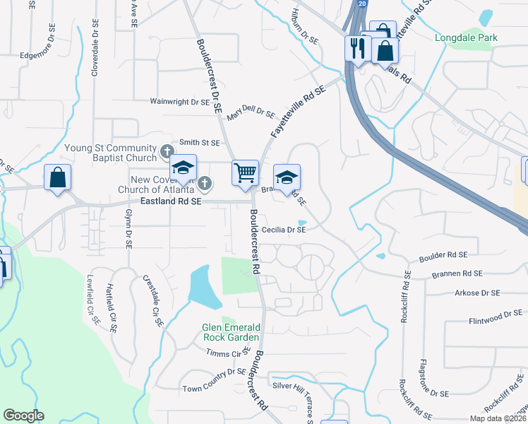 map of restaurants, bars, coffee shops, grocery stores, and more near 1384 Bouldercrest Road in Atlanta