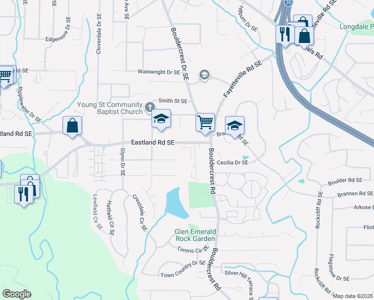 map of restaurants, bars, coffee shops, grocery stores, and more near 1645 Eastland Road Southeast in Atlanta