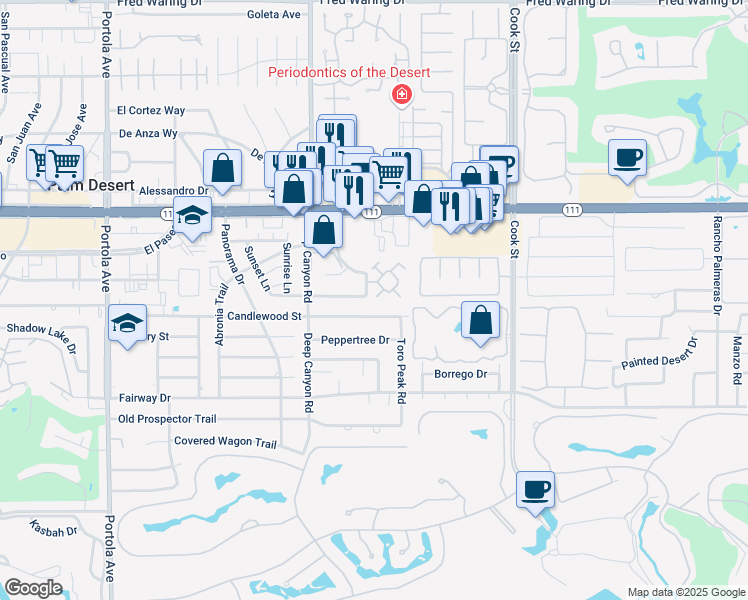 map of restaurants, bars, coffee shops, grocery stores, and more near 45414 Driftwood Drive in Palm Desert