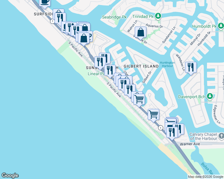 map of restaurants, bars, coffee shops, grocery stores, and more near 2 Pacific Avenue in Seal Beach