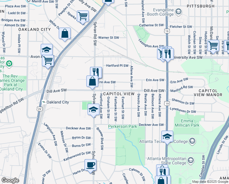 map of restaurants, bars, coffee shops, grocery stores, and more near 836 Dill Avenue Southwest in Atlanta