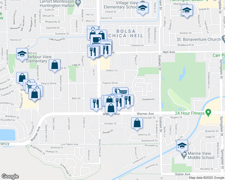 map of restaurants, bars, coffee shops, grocery stores, and more near 16791 Roosevelt Lane in Huntington Beach
